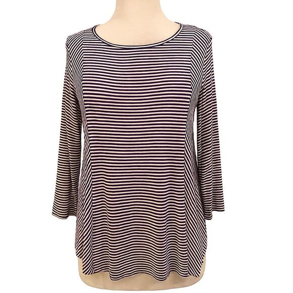 LOFT Blouse Womens XL Brown White Striped Scoop Neck 3/4 Sleeve Stretch Top - Picture 1 of 7